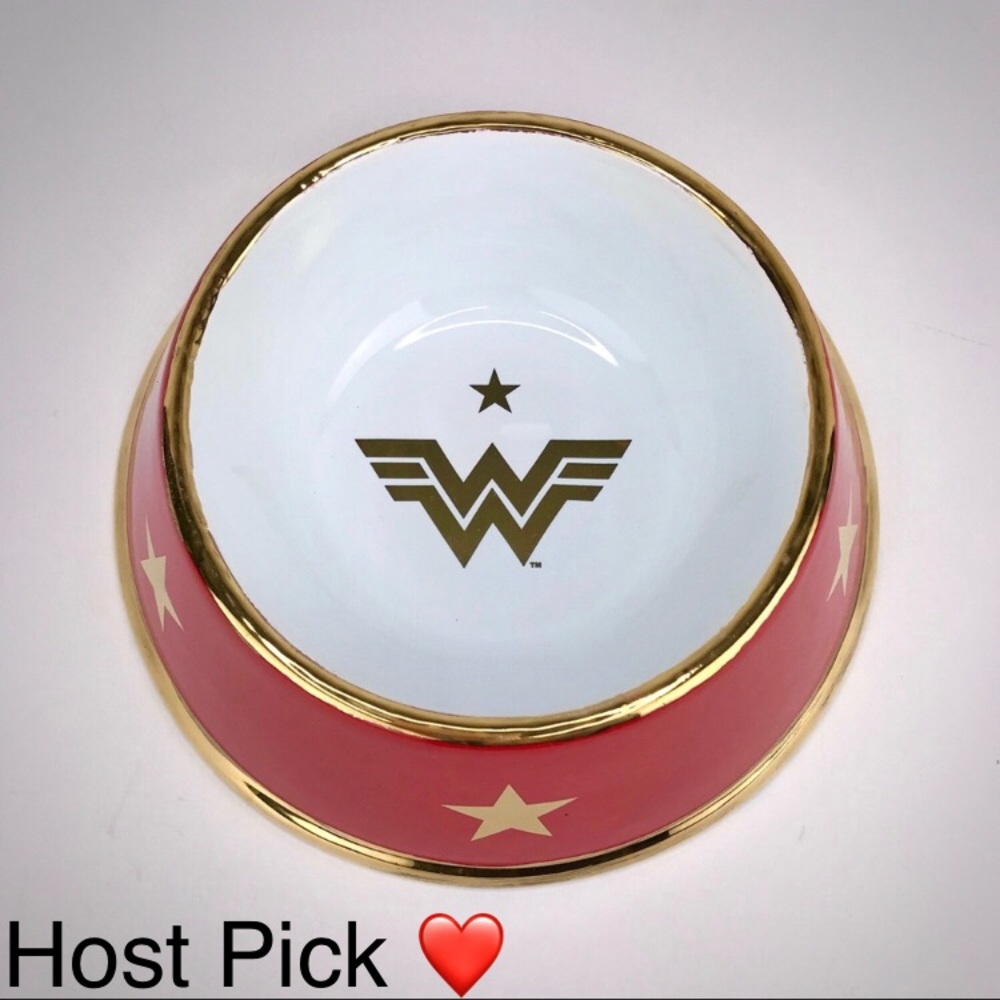 MOSHIQA Red Wonder Woman Dog Bowl Dish Ceramic WW84 22kt Gold Star Christmas